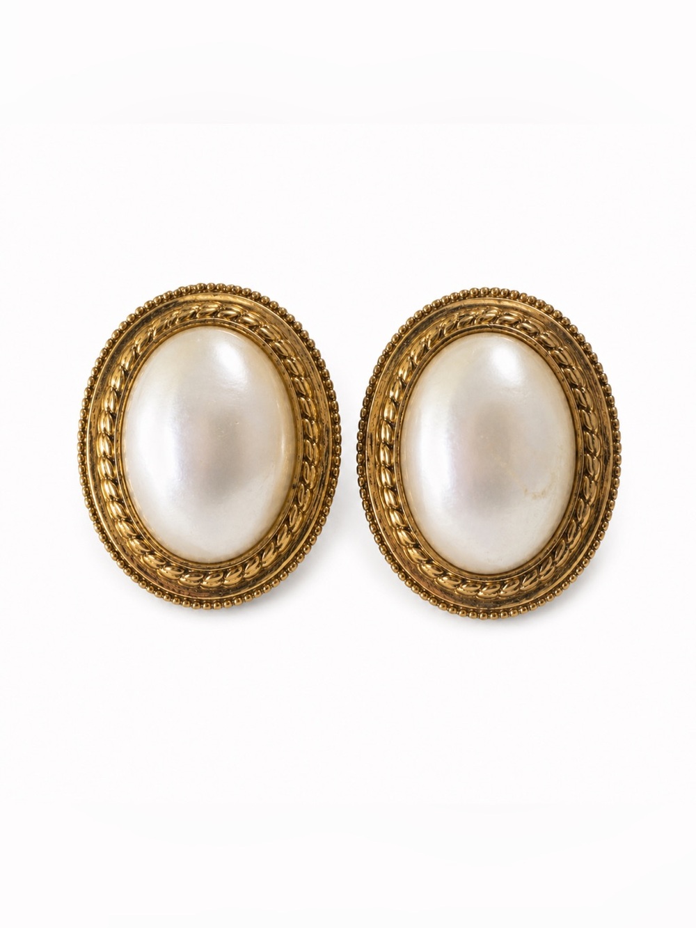 Vtg Earrings Pierced Oval Faux Pearl Goldtone Studs Approx 1" Length-price firm